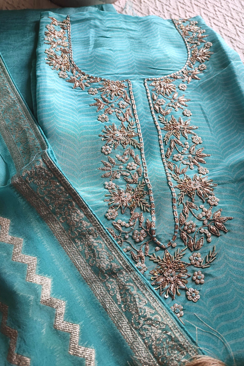 Blue Unstitched Suit Material – Georgette Shimmer with Embroidery | Shop