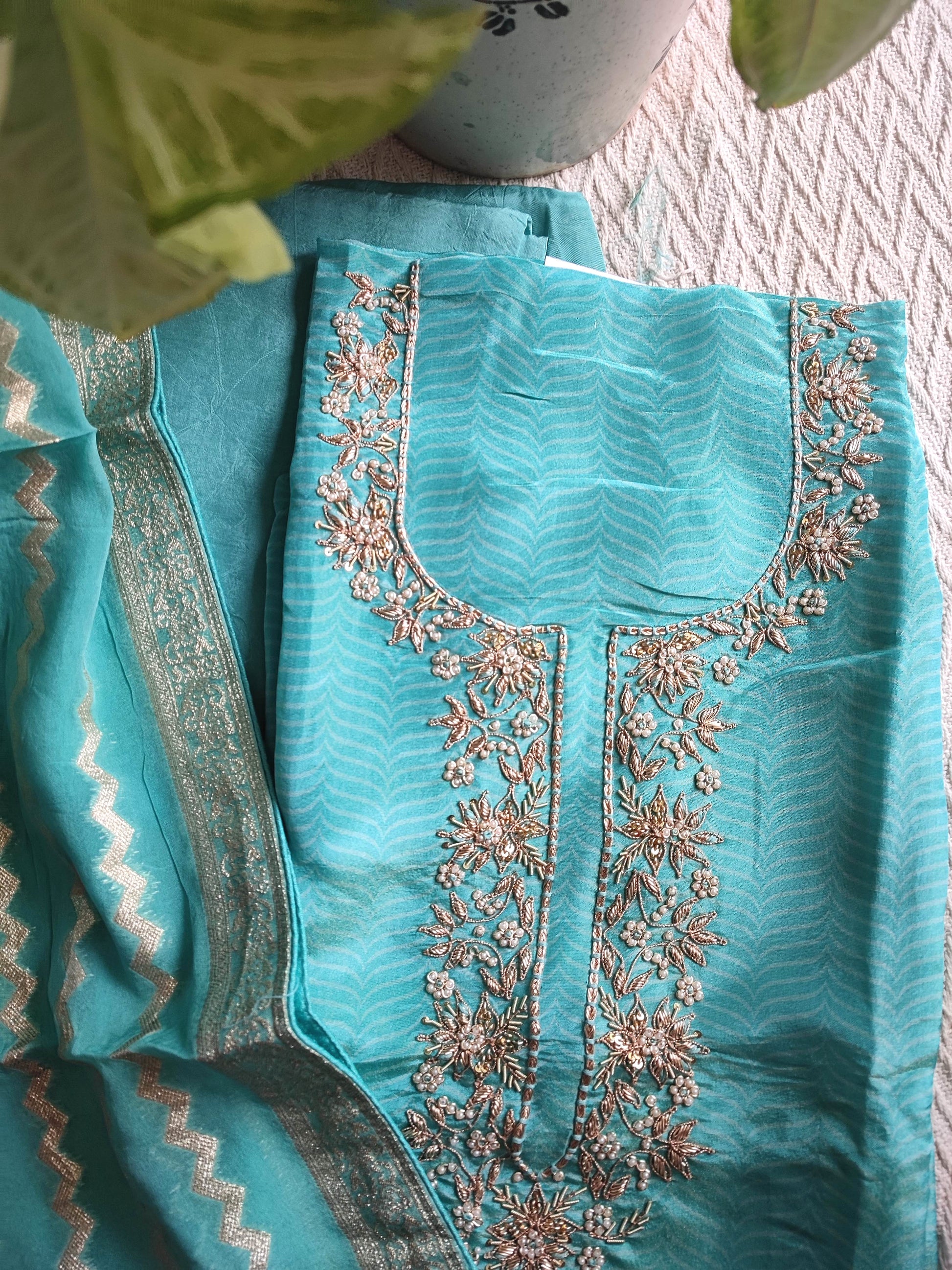 Blue Unstitched Suit Material – Georgette Shimmer with Embroidery | Shop