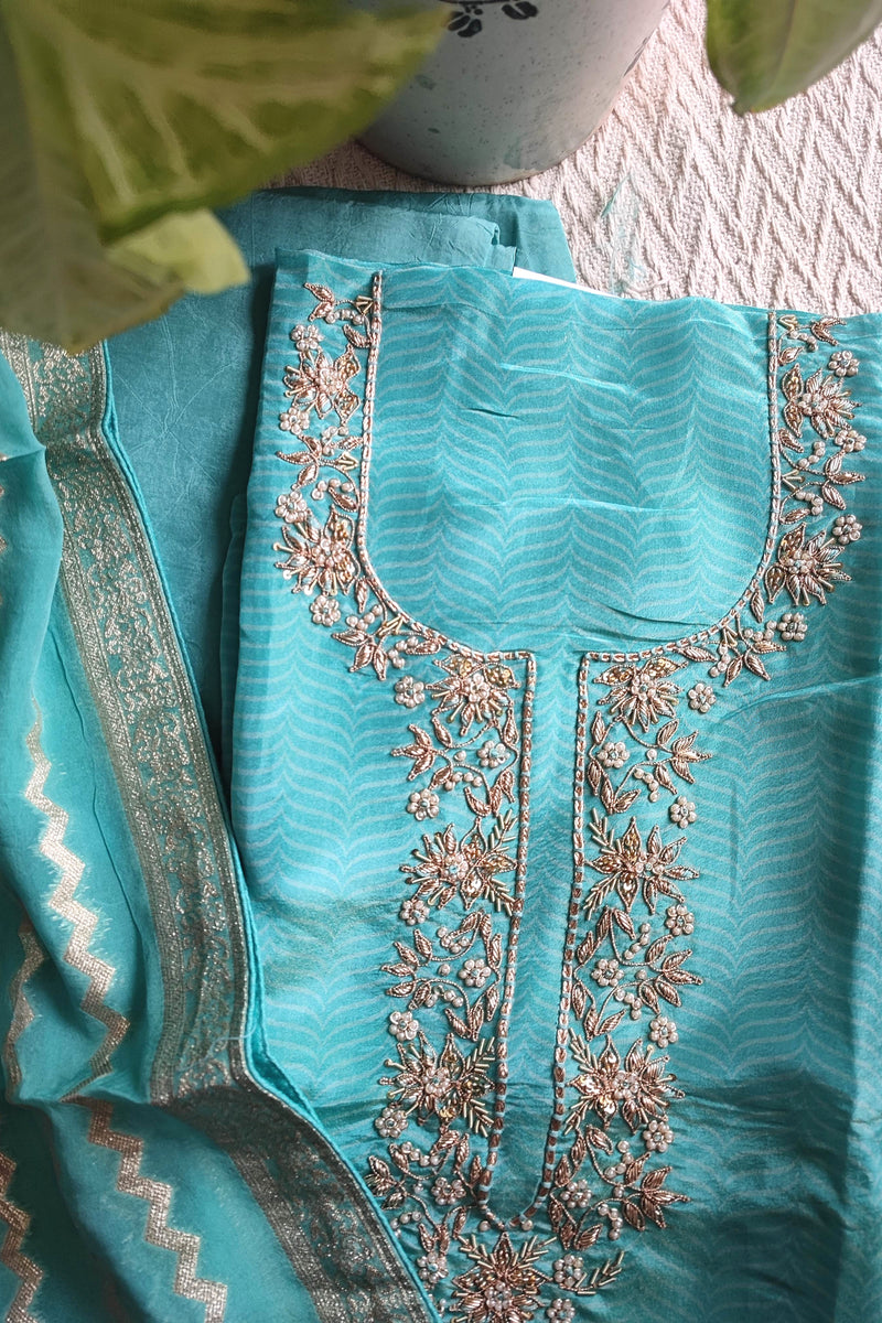 Blue Unstitched Suit Material – Georgette Shimmer with Embroidery | Shop