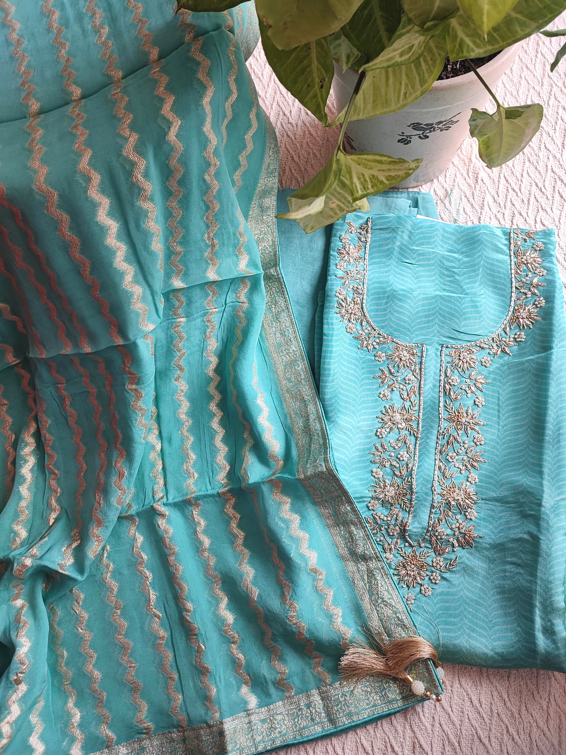 Blue Unstitched Suit Material – Georgette Shimmer with Embroidery | Shop