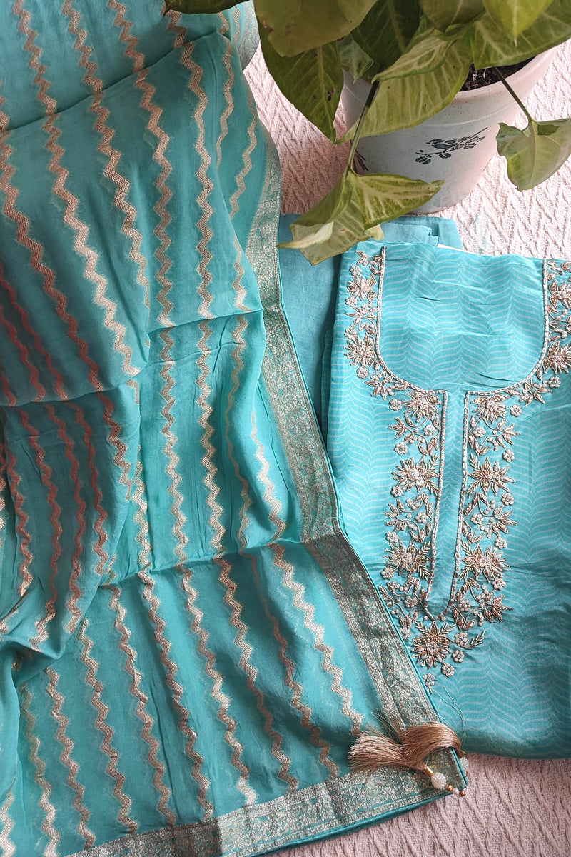 Blue Unstitched Suit Material – Georgette Shimmer with Embroidery | Shop