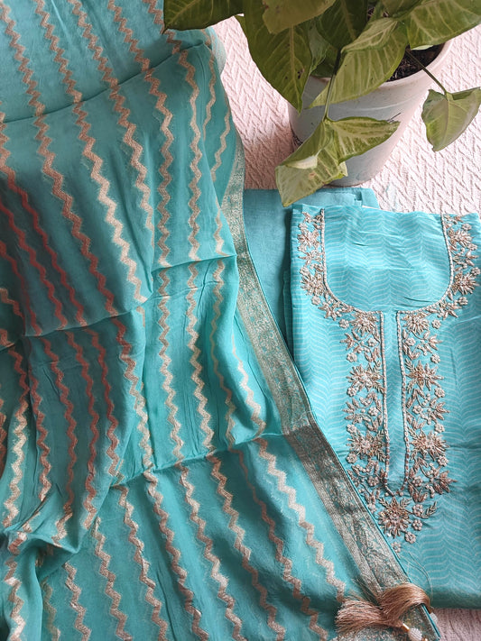 Blue Unstitched Suit Material – Georgette Shimmer with Embroidery | Shop