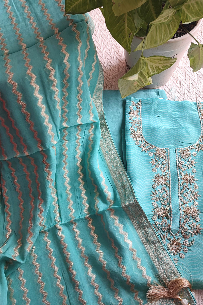 Blue Unstitched Suit Material – Georgette Shimmer with Embroidery | Shop
