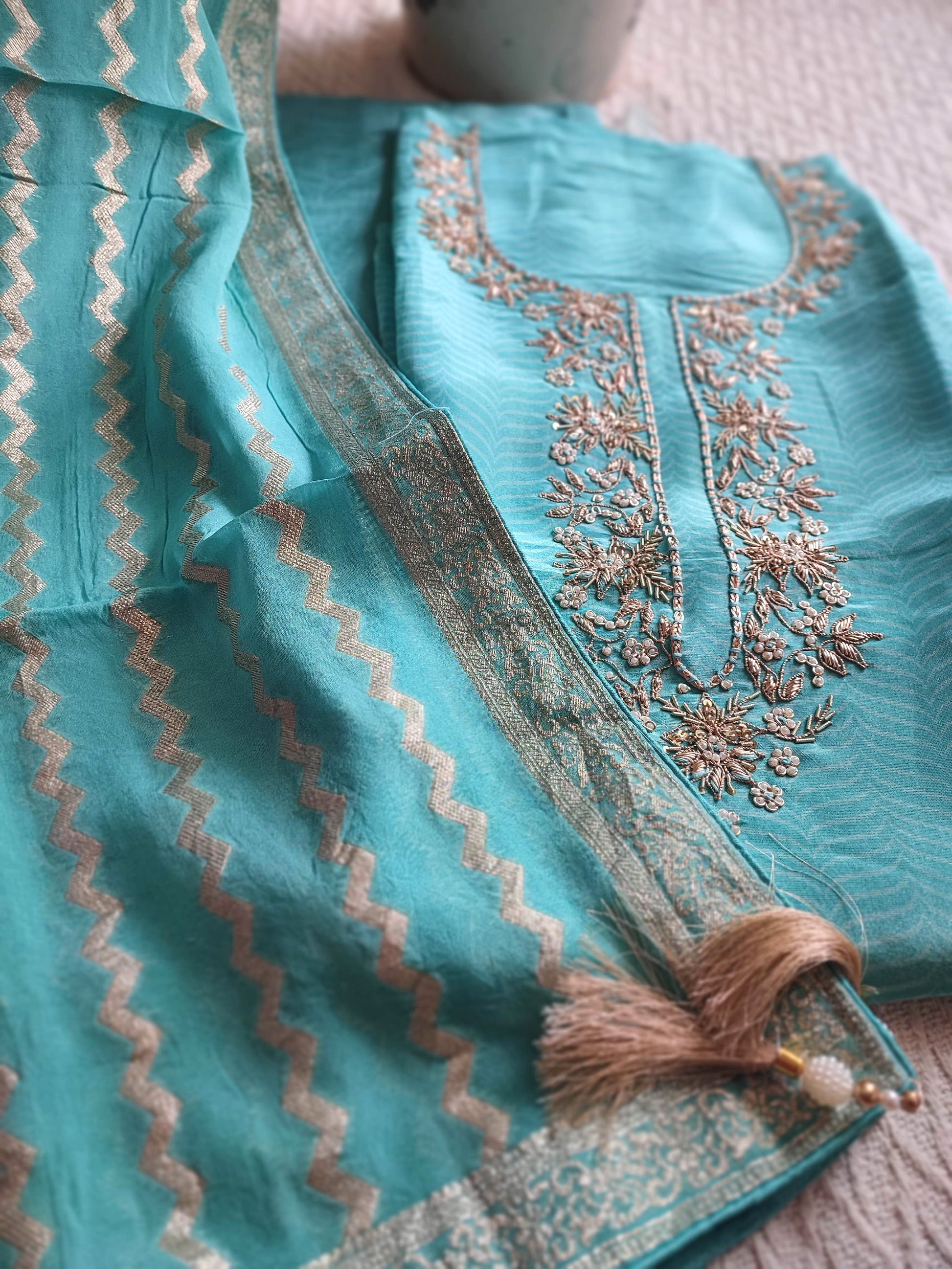 Blue Unstitched Suit Material – Georgette Shimmer with Embroidery | Shop