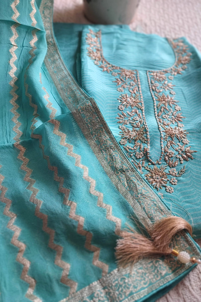 Blue Unstitched Suit Material – Georgette Shimmer with Embroidery | Shop