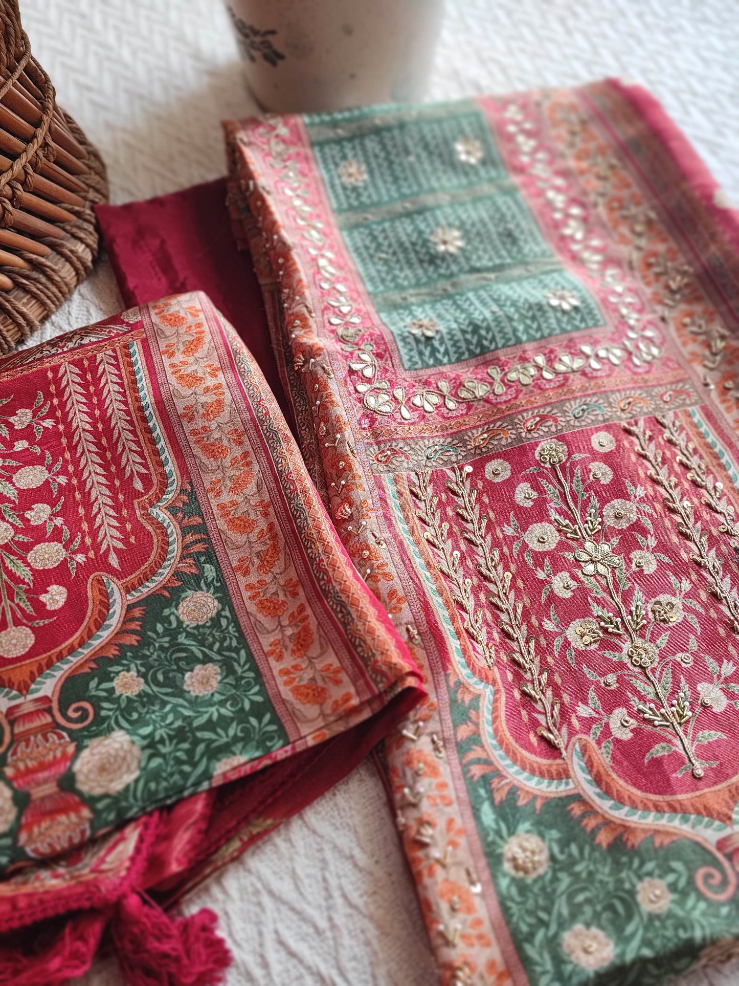 Red & Green Georgette Shimmer Unstitched Suit Material with Hand Embroidery & Shantoon Bottom