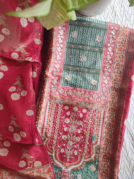 Red & Green Georgette Shimmer Unstitched Suit Material with Hand Embroidery & Shantoon Bottom