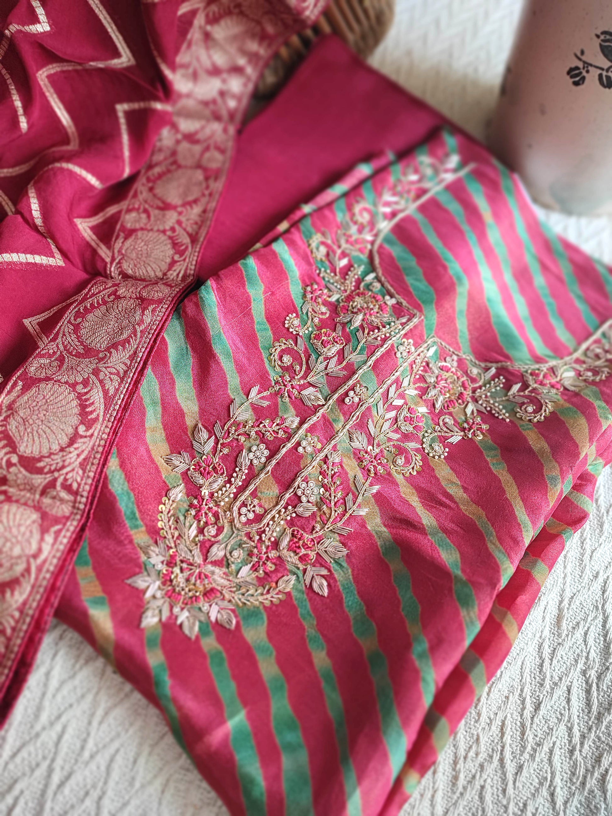 Red Bandhani Unstitched Suit Material – Handwork Embroidery | Shop Now