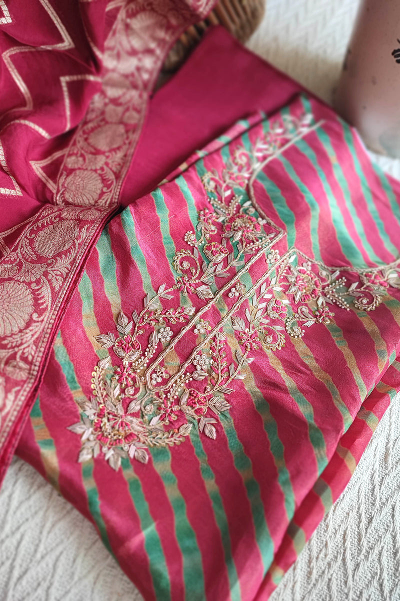 Red Bandhani Unstitched Suit Material – Handwork Embroidery | Shop Now