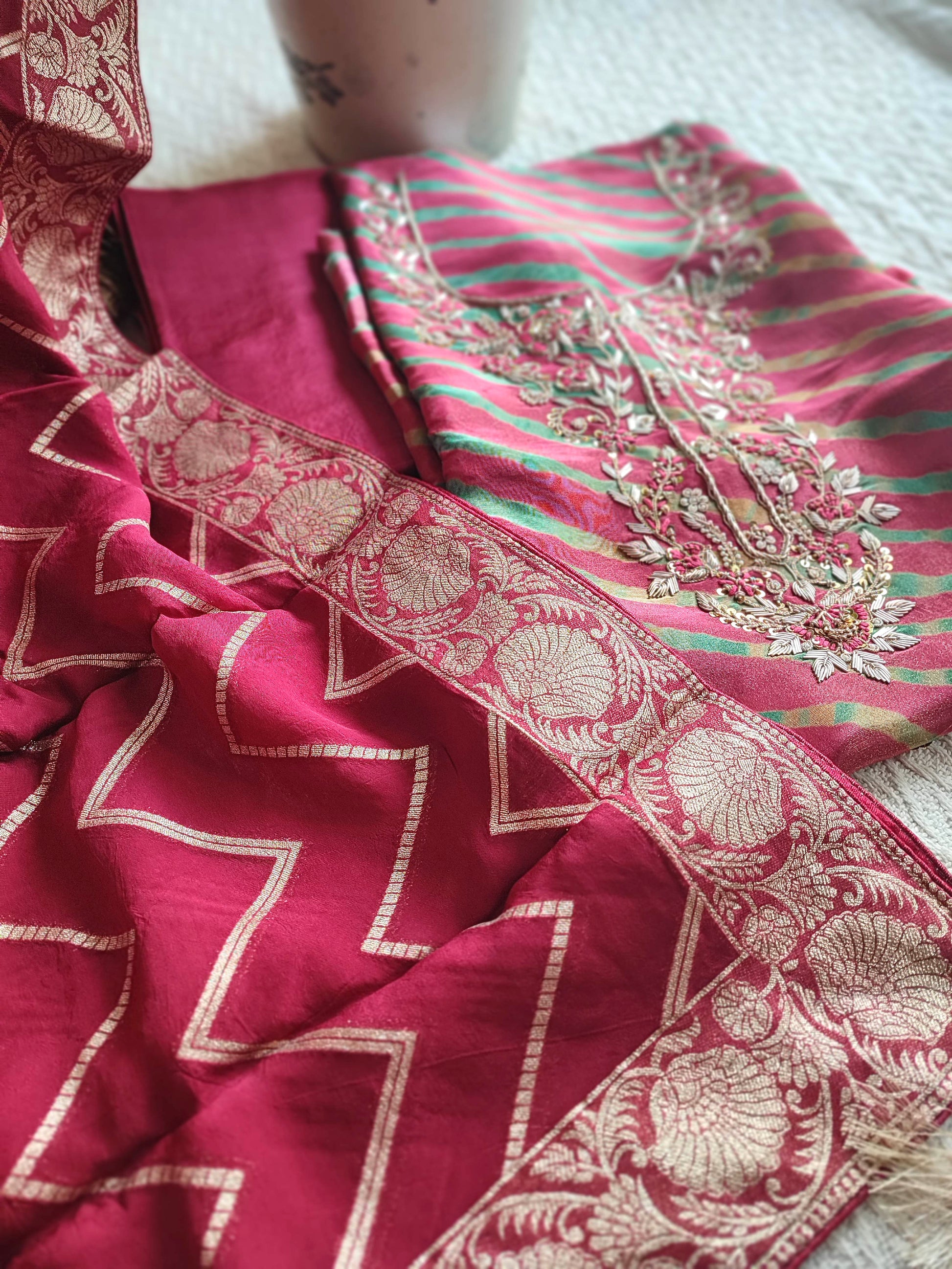 Red Bandhani Unstitched Suit Material – Handwork Embroidery | Shop Now