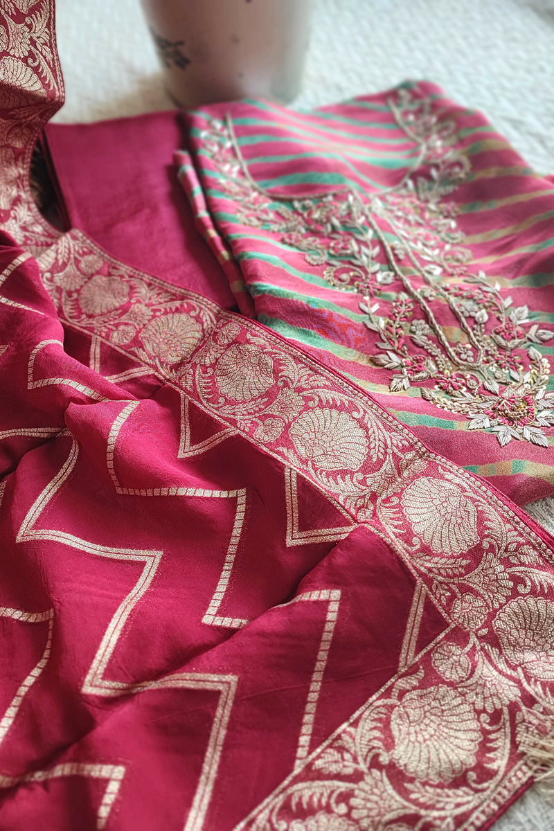 Red Bandhani Unstitched Suit Material – Handwork Embroidery | Shop Now