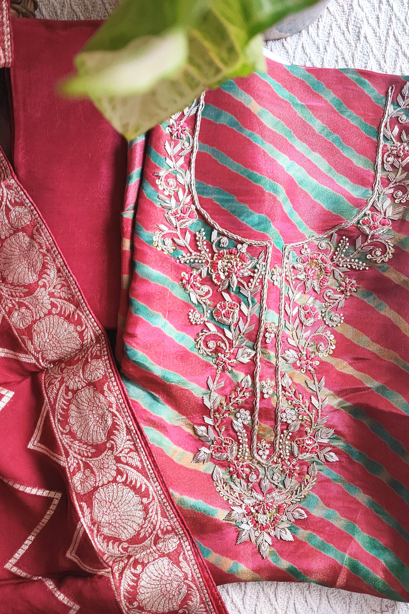 Red Bandhani Unstitched Suit Material – Handwork Embroidery | Shop Now