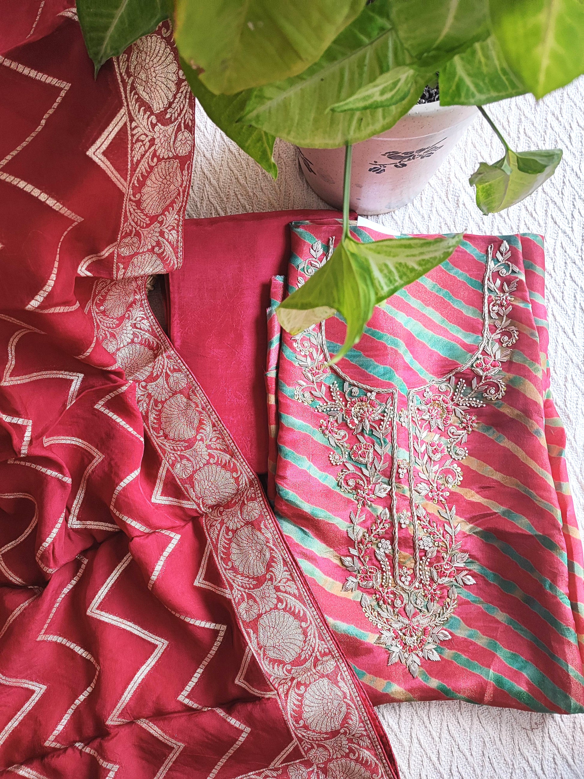 Red Bandhani Unstitched Suit Material – Handwork Embroidery | Shop Now