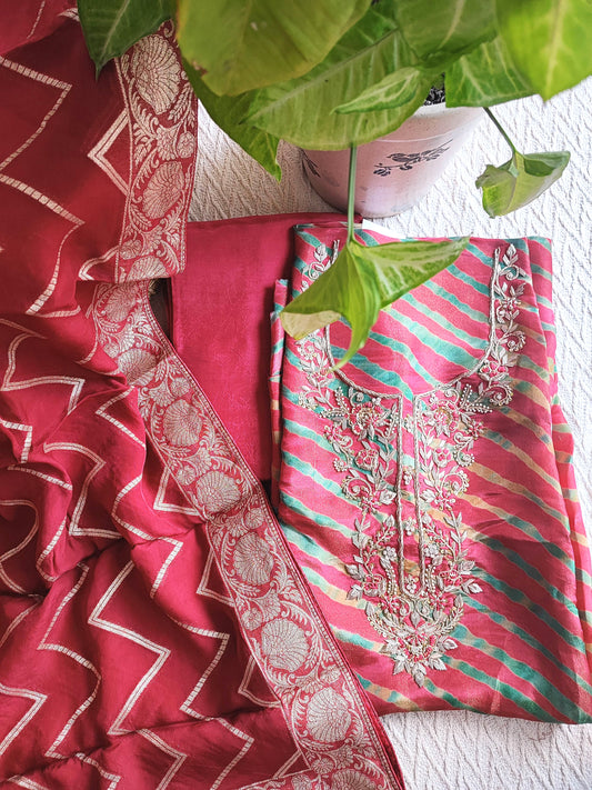 Red Bandhani Unstitched Suit Material – Handwork Embroidery | Shop Now