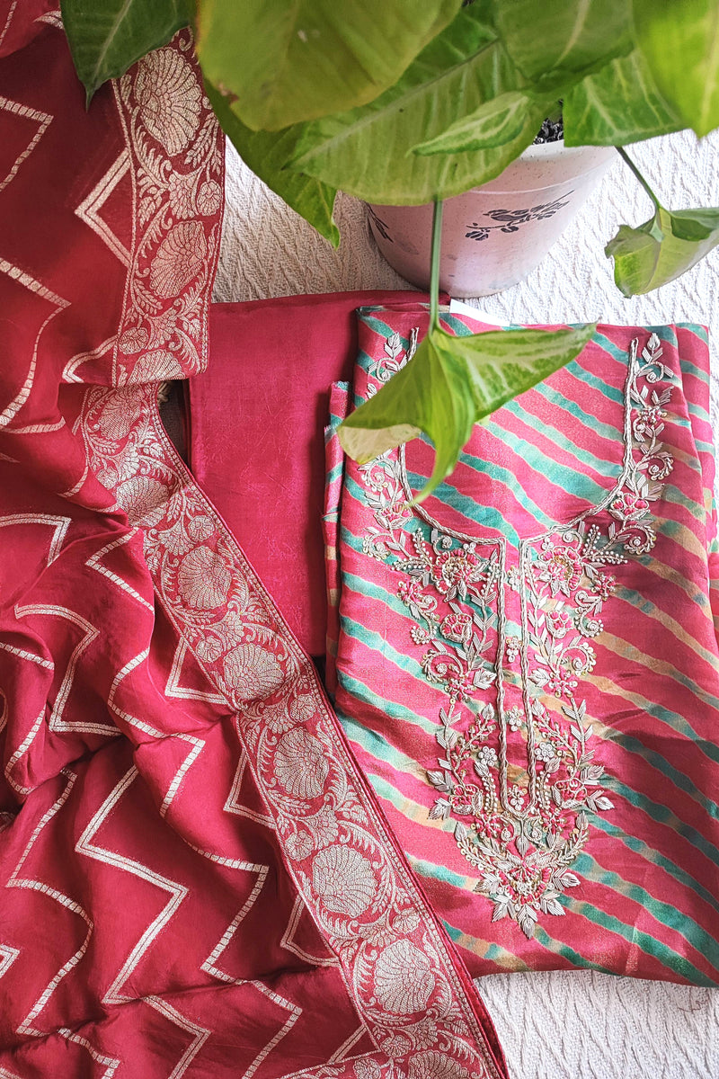 Red Bandhani Unstitched Suit Material – Handwork Embroidery | Shop Now