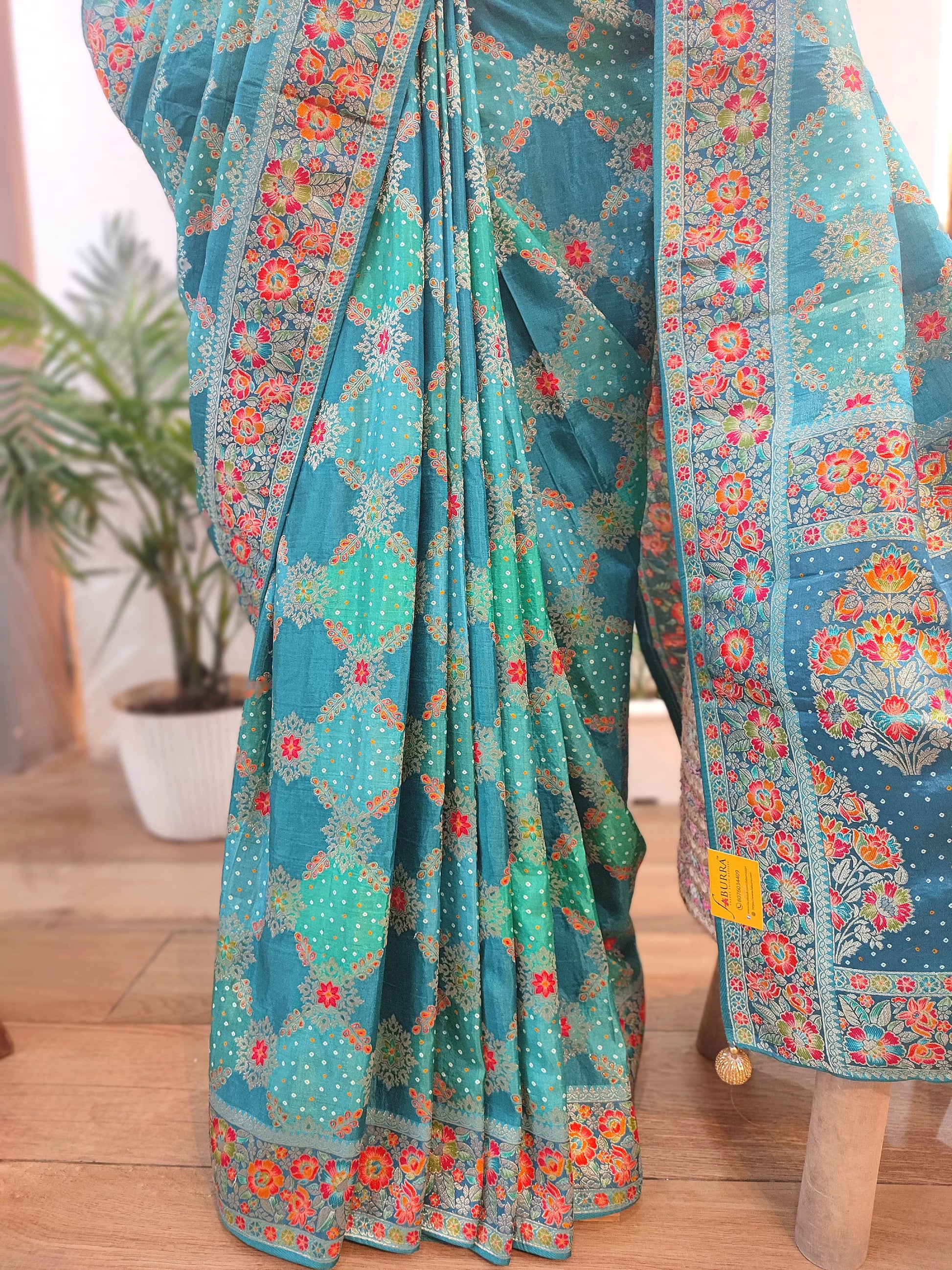 Buy Teal Blue Crepe Silk Saree with Banarasi Weaving Border & Pallu
