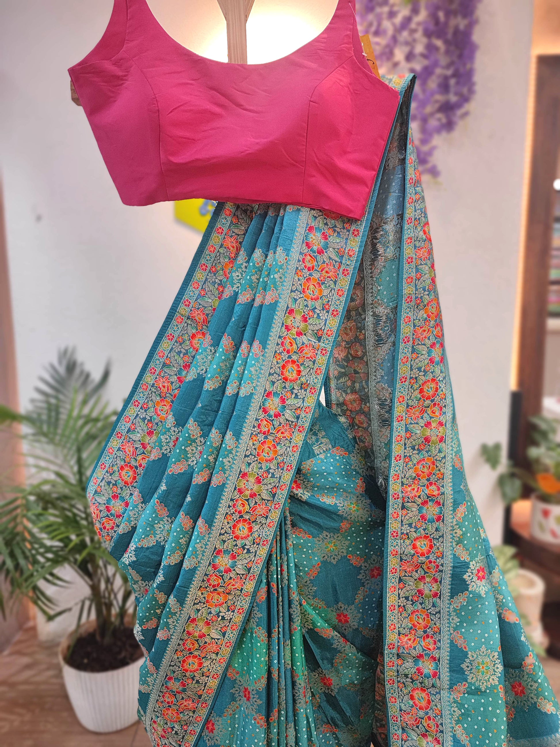 Buy Teal Blue Crepe Silk Saree with Banarasi Weaving Border & Pallu