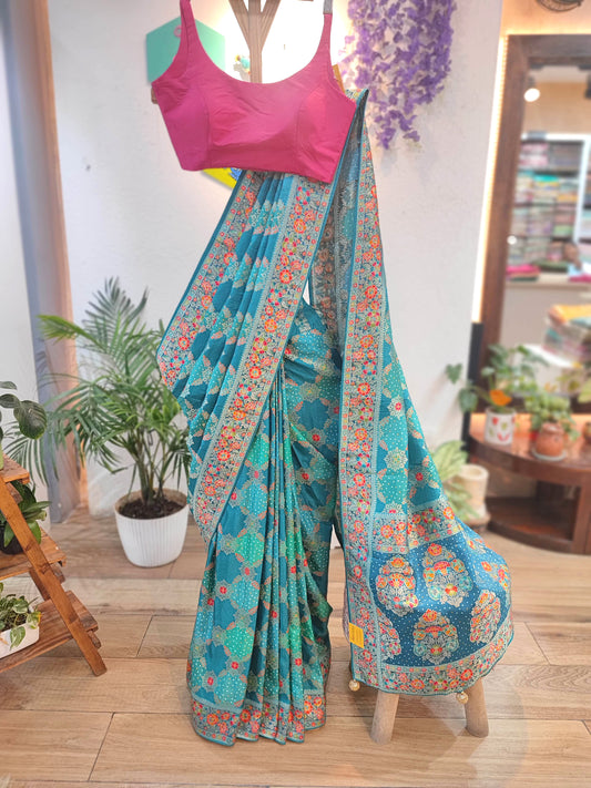 Buy Teal Blue Crepe Silk Saree with Banarasi Weaving Border & Pallu