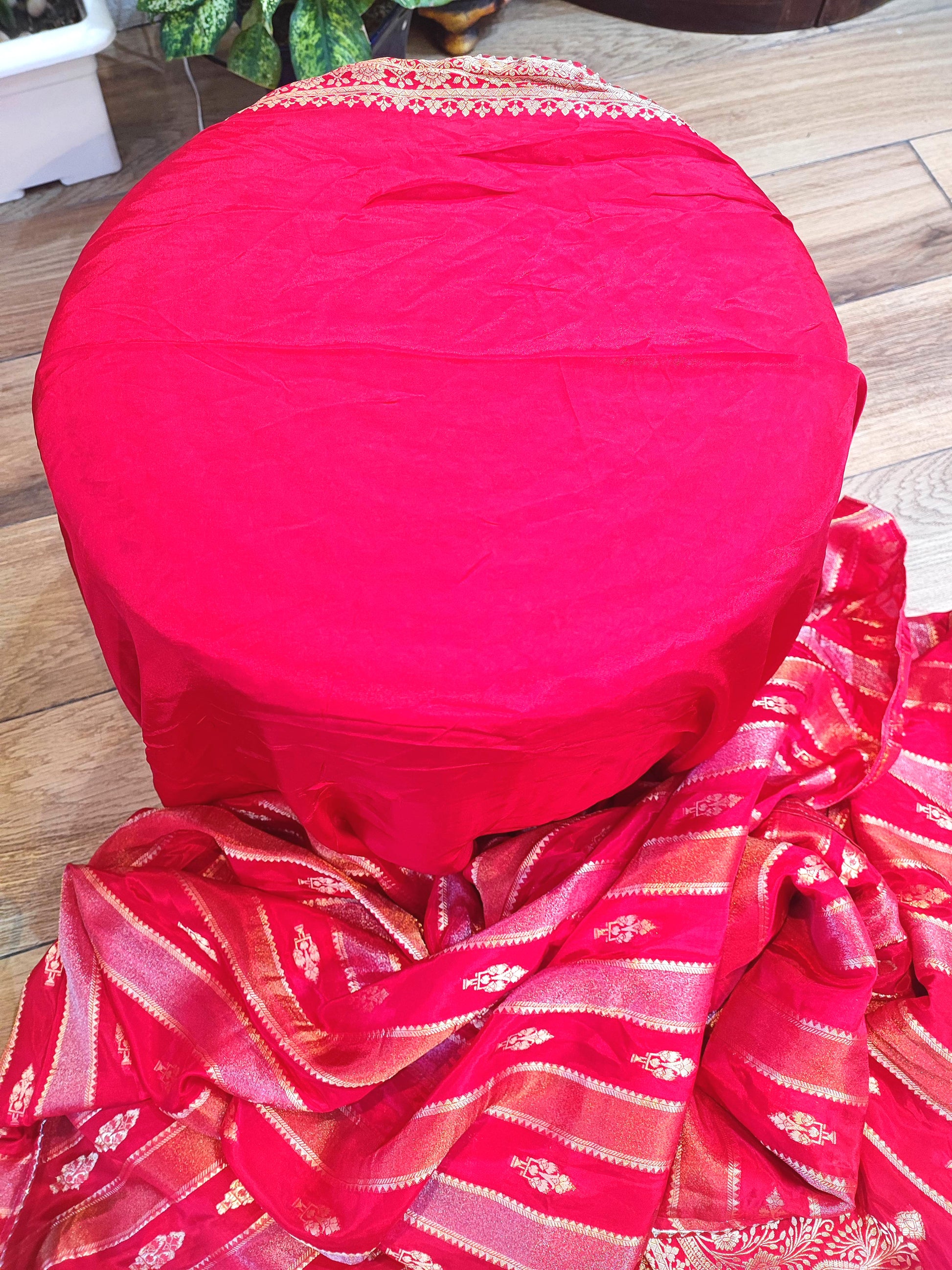 Bright Red Crepe Silk Saree with Banarasi Weaving & All-Over Handwork