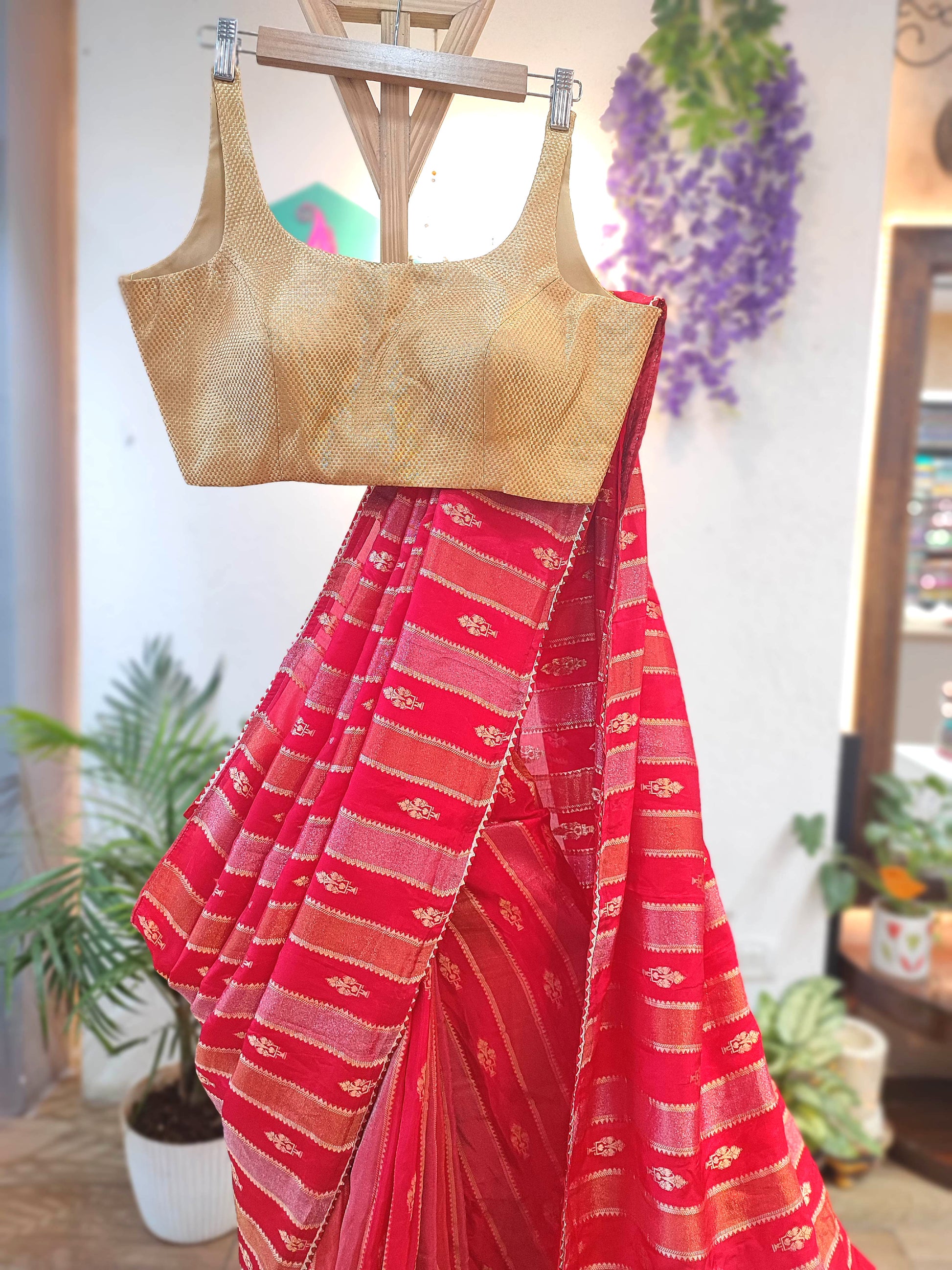 Bright Red Crepe Silk Saree with Banarasi Weaving & All-Over Handwork