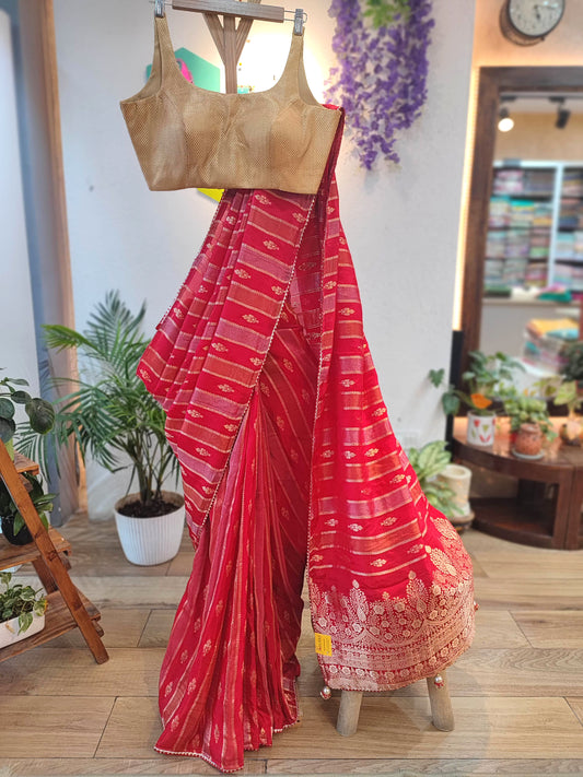 Bright Red Crepe Silk Saree with Banarasi Weaving & All-Over Handwork