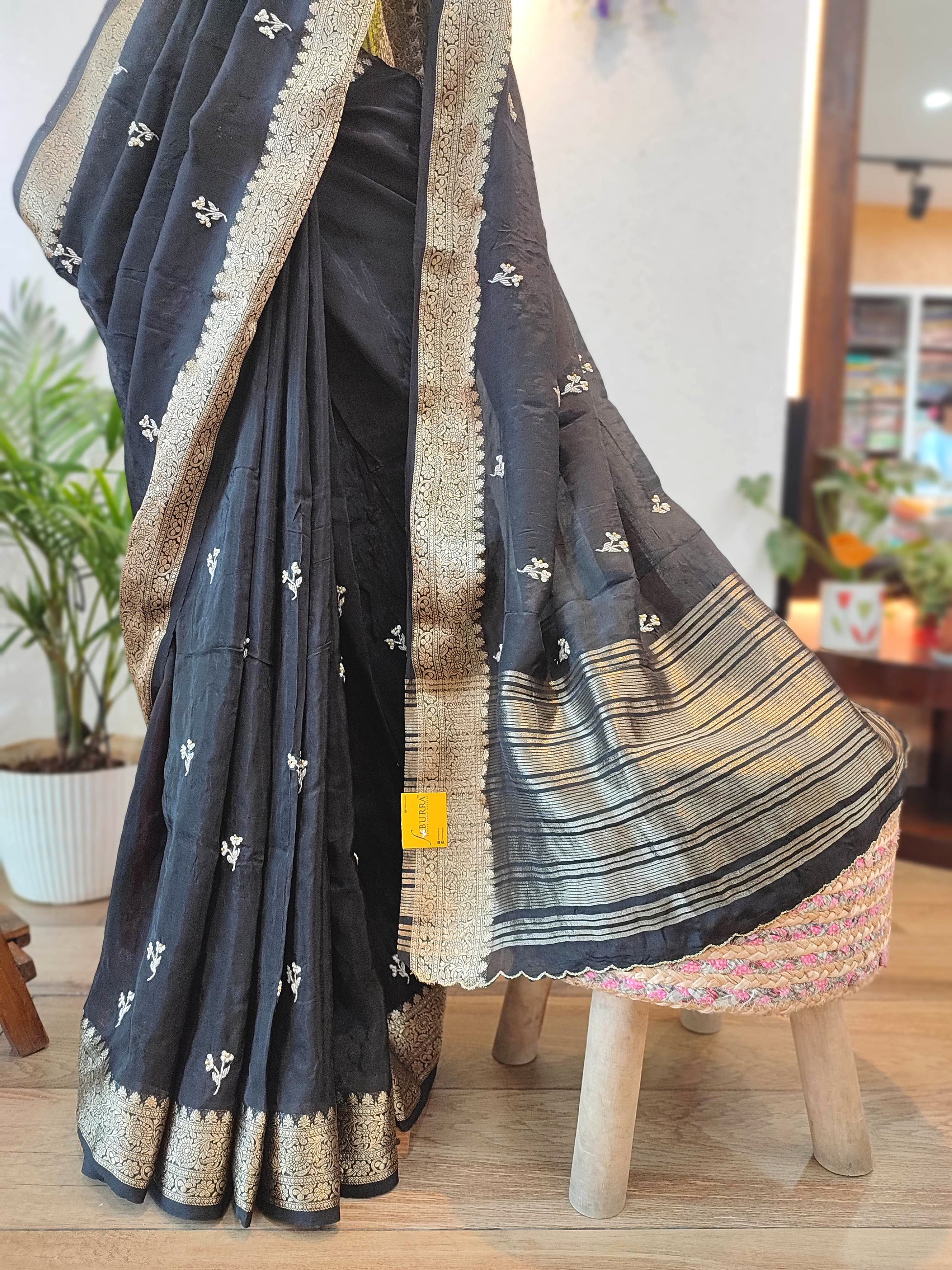 Buy Now Black Crepe Silk Saree with Banarasi Border & Handwork