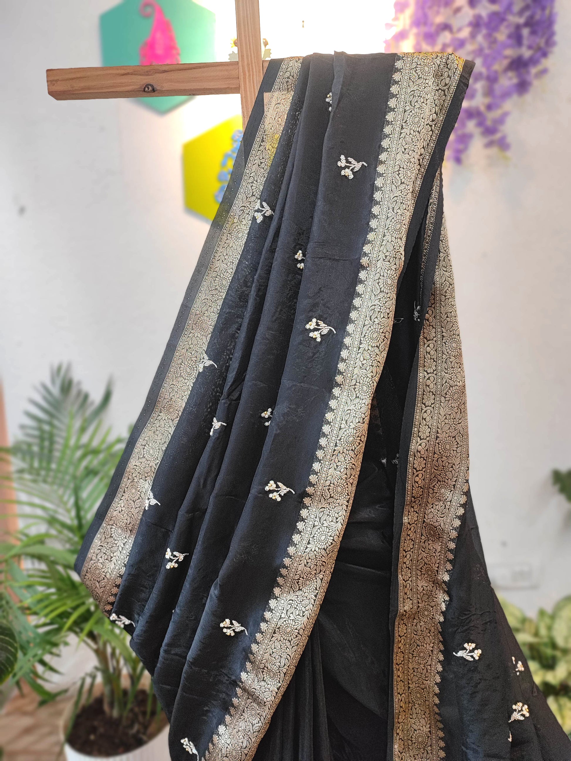 Buy Now Black Crepe Silk Saree with Banarasi Border & Handwork