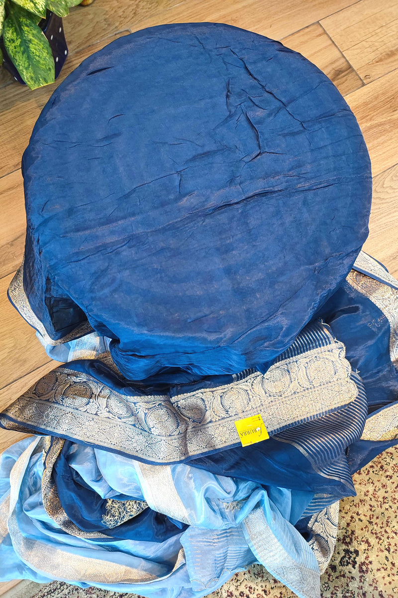 Navy Blue Shimmer Georgette Saree with Banarasi Weaving & Handwork