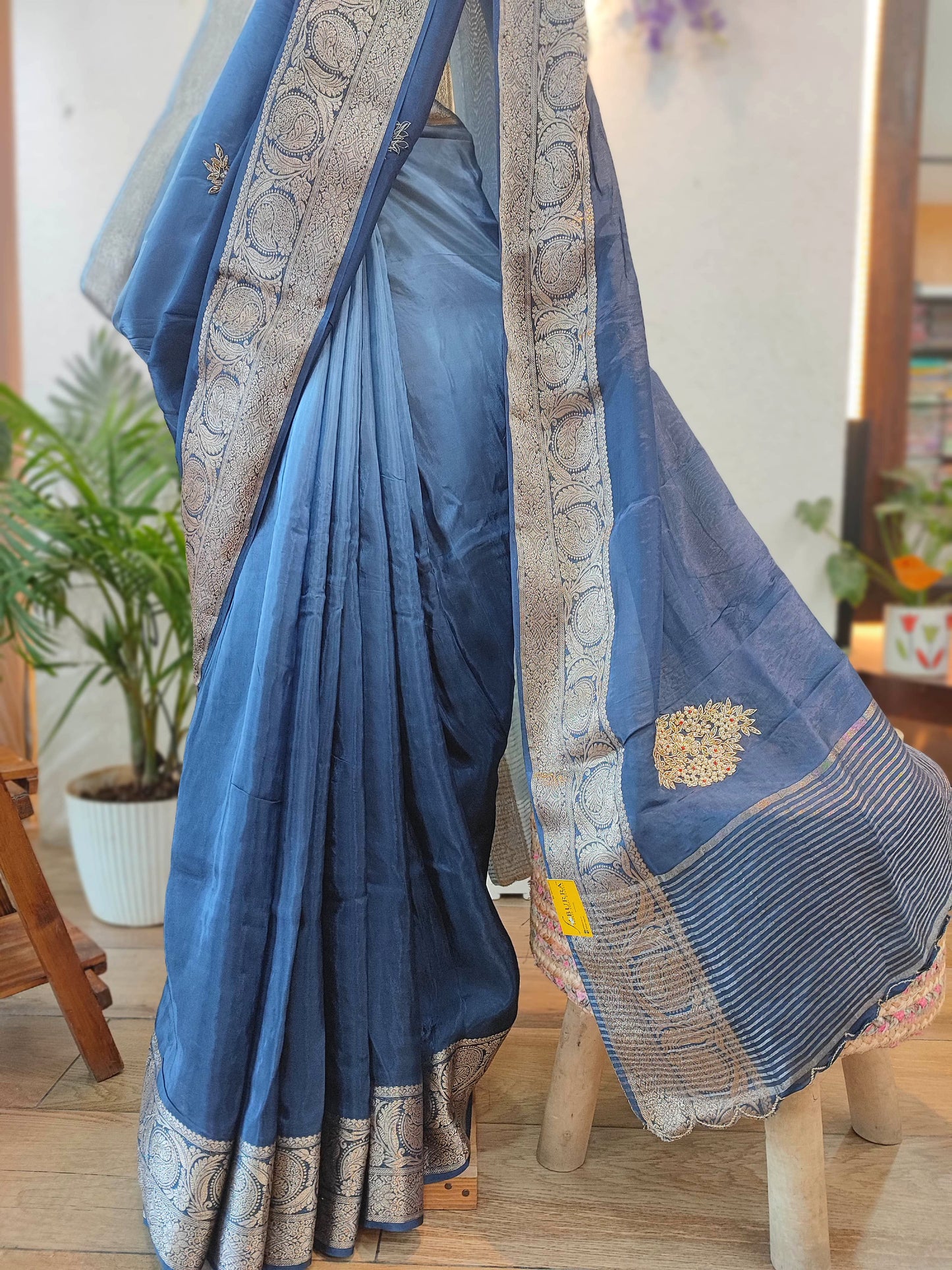 Navy Blue Shimmer Georgette Saree with Banarasi Weaving & Handwork