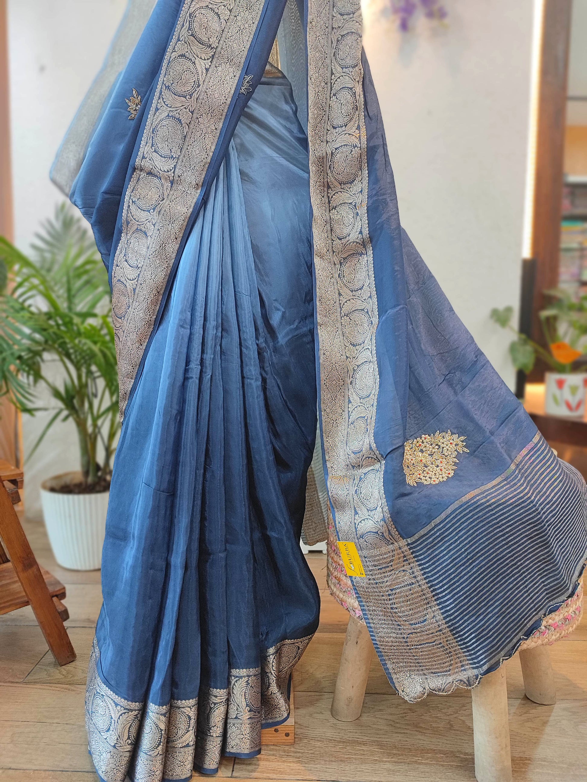 Navy Blue Shimmer Georgette Saree with Banarasi Weaving & Handwork