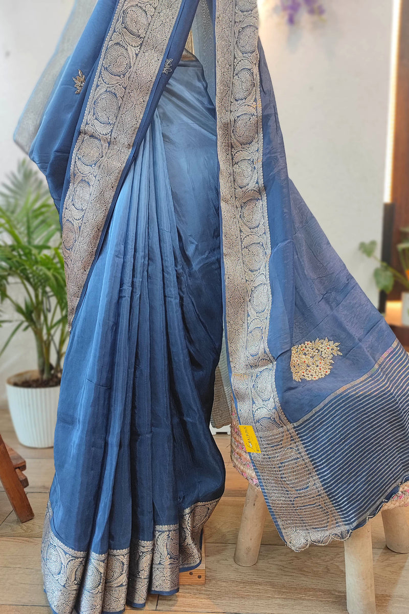 Navy Blue Shimmer Georgette Saree with Banarasi Weaving & Handwork