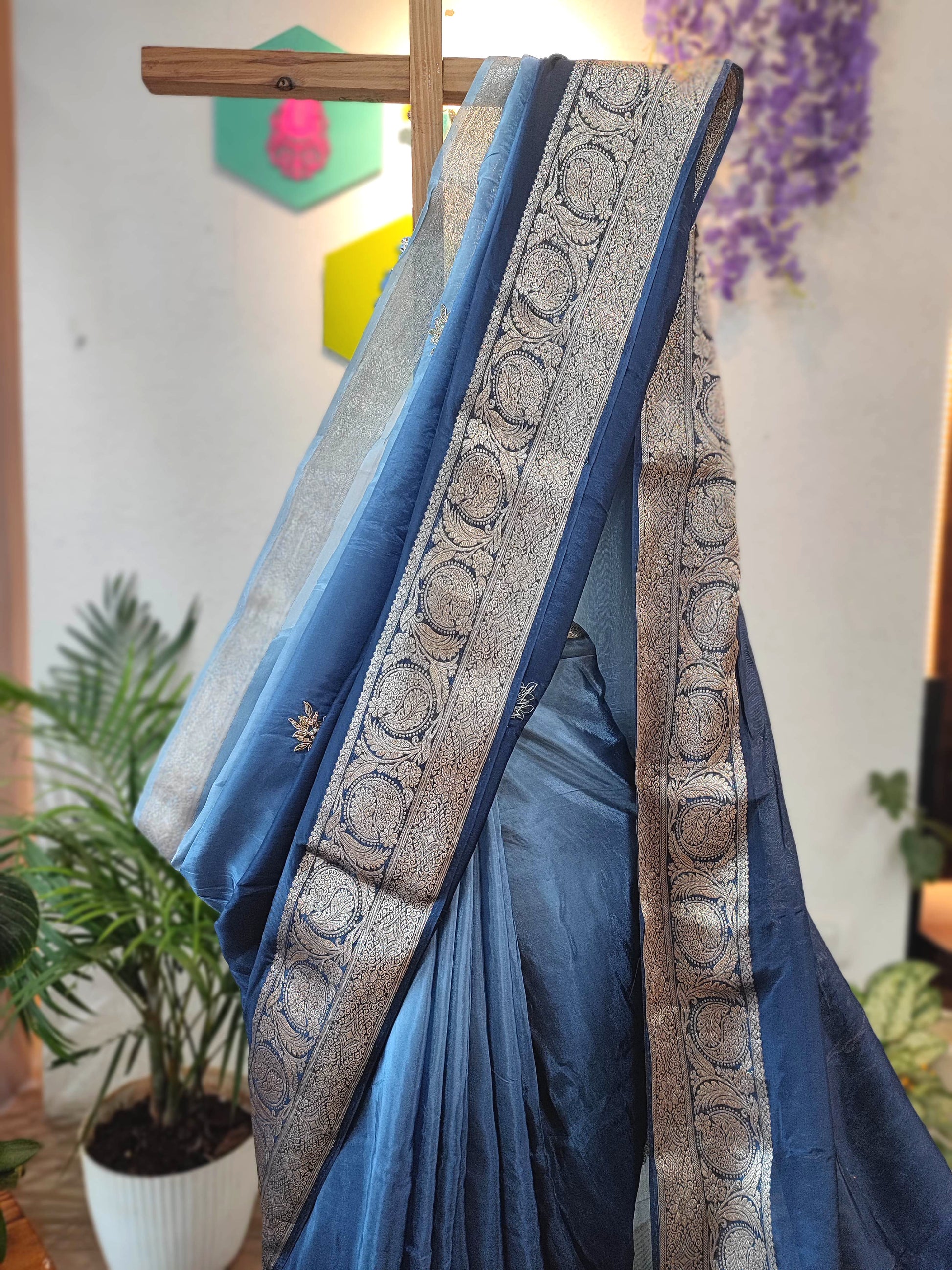 Navy Blue Shimmer Georgette Saree with Banarasi Weaving & Handwork
