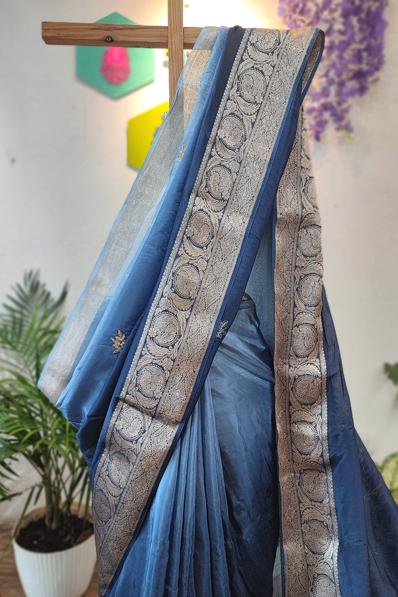 Navy Blue Shimmer Georgette Saree with Banarasi Weaving & Handwork