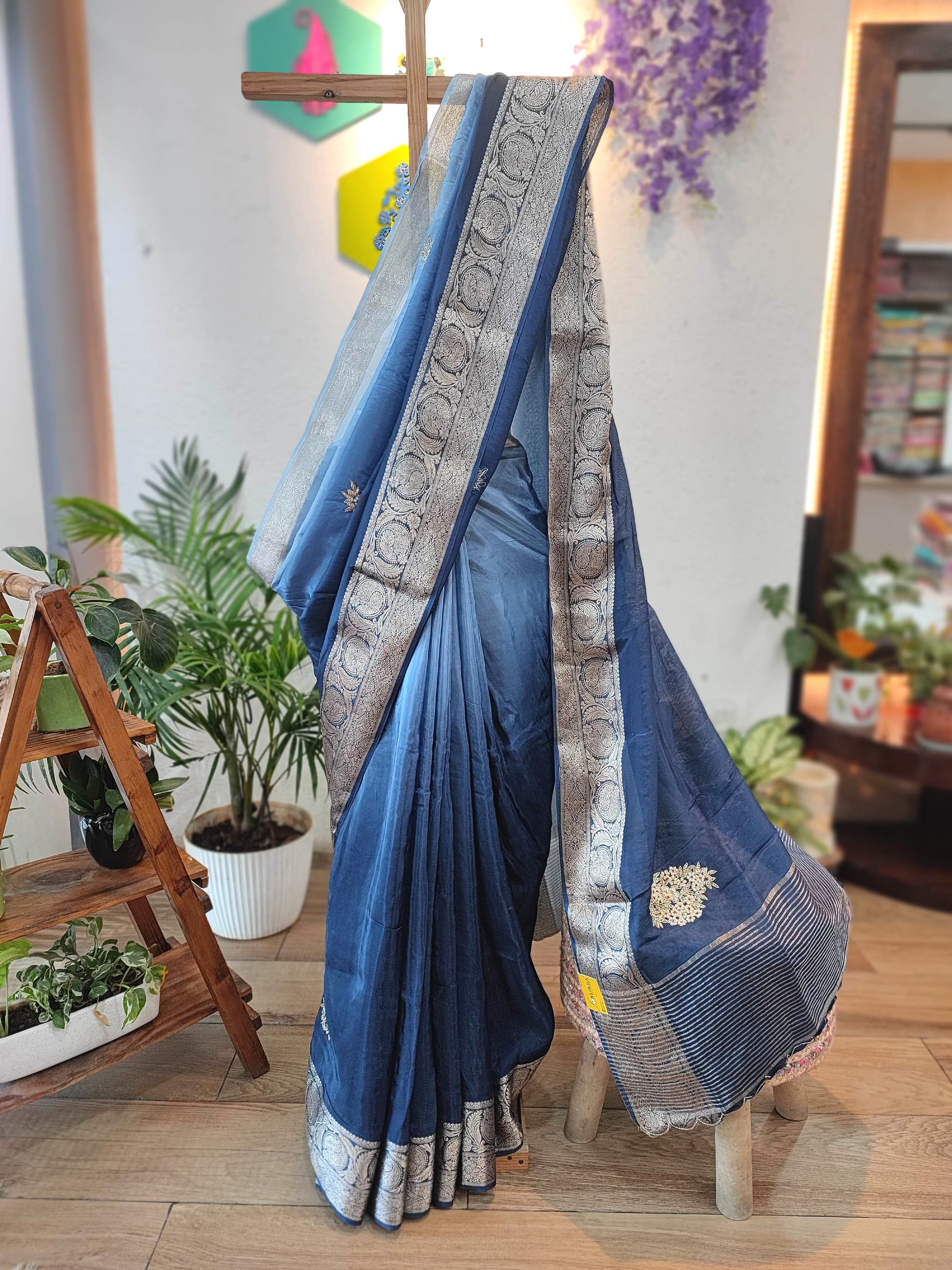 Navy Blue Shimmer Georgette Saree with Banarasi Weaving & Handwork