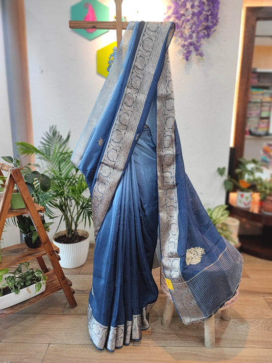 Navy Blue Shimmer Georgette Saree with Banarasi Weaving & Handwork