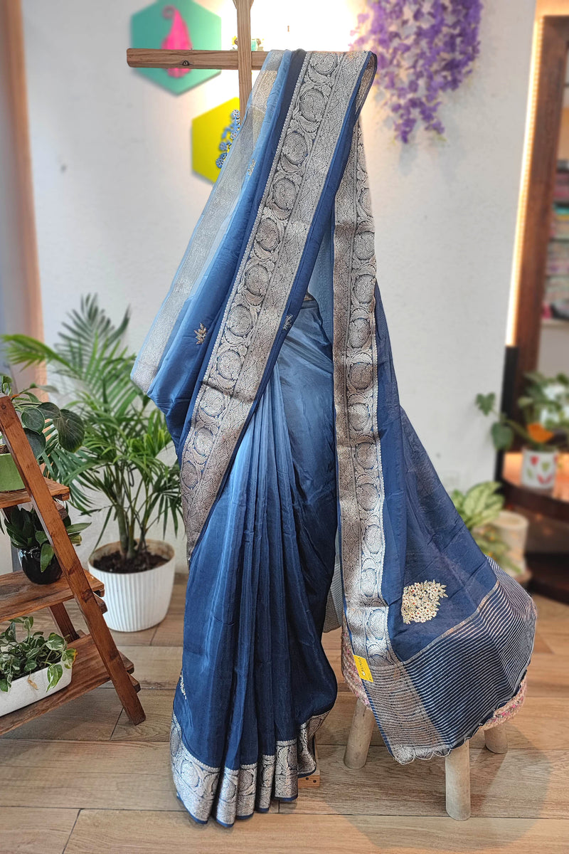Navy Blue Shimmer Georgette Saree with Banarasi Weaving & Handwork