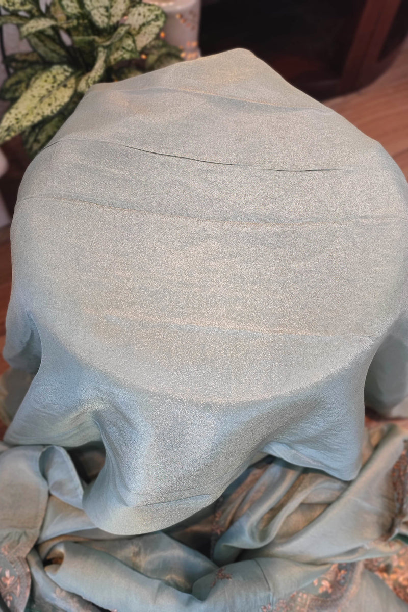 Pastel Green Crepe Silk Saree with Banarasi Weaving & Handwork Motifs