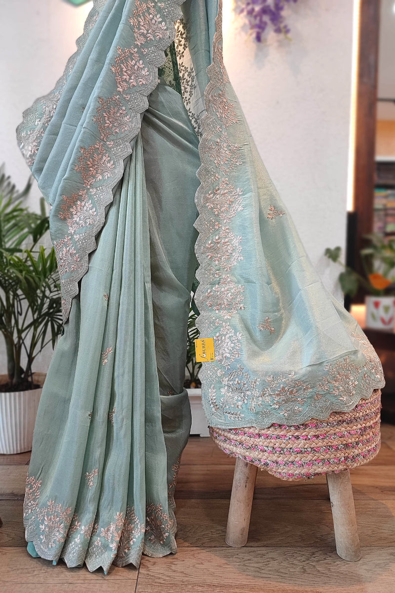 Pastel Green Crepe Silk Saree with Banarasi Weaving & Handwork Motifs
