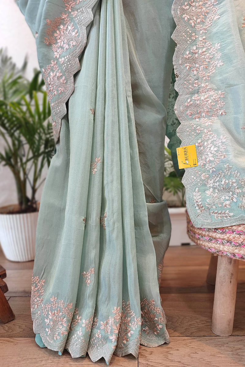 Pastel Green Crepe Silk Saree with Banarasi Weaving & Handwork Motifs