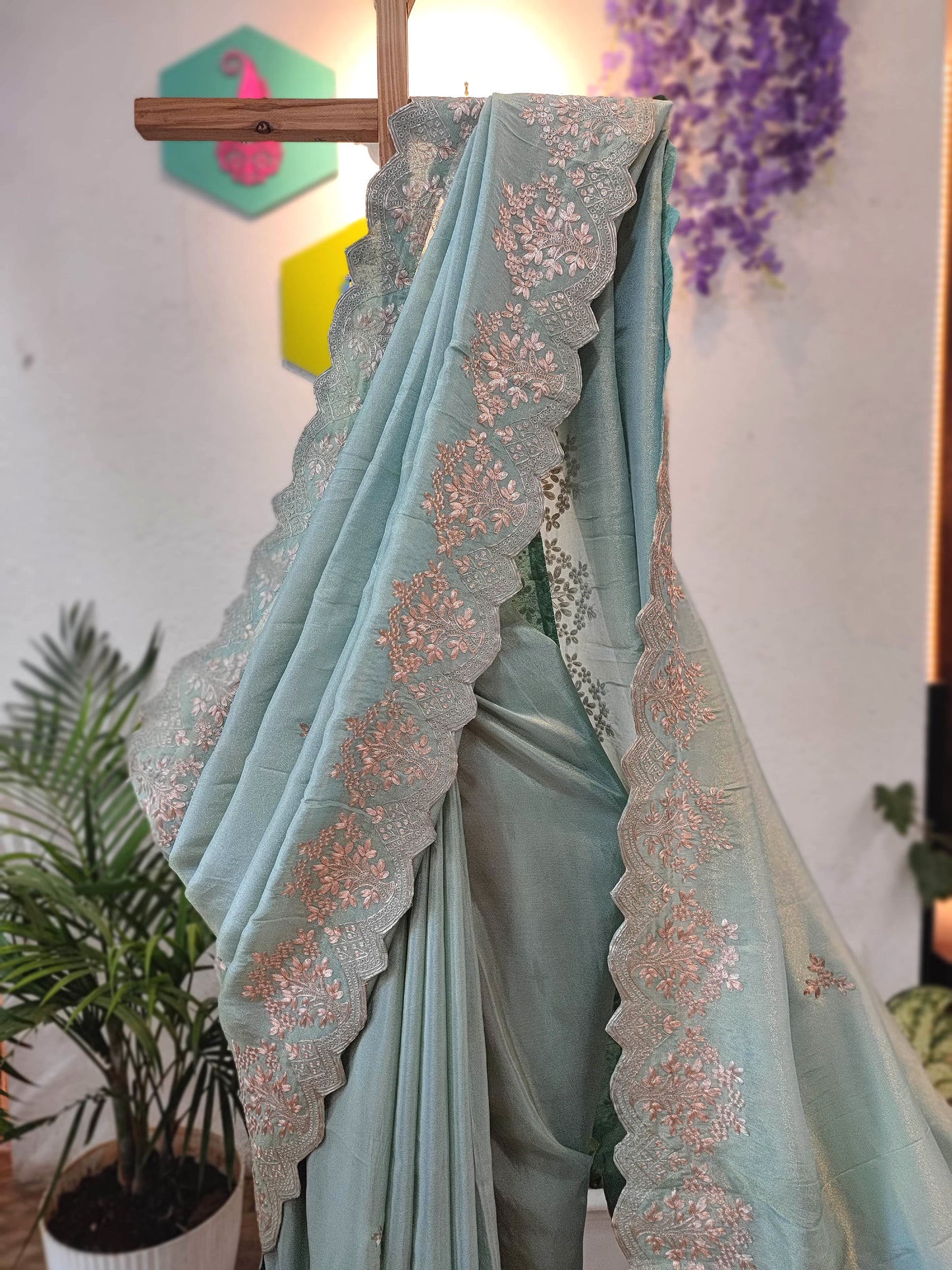 Pastel Green Crepe Silk Saree with Banarasi Weaving & Handwork Motifs