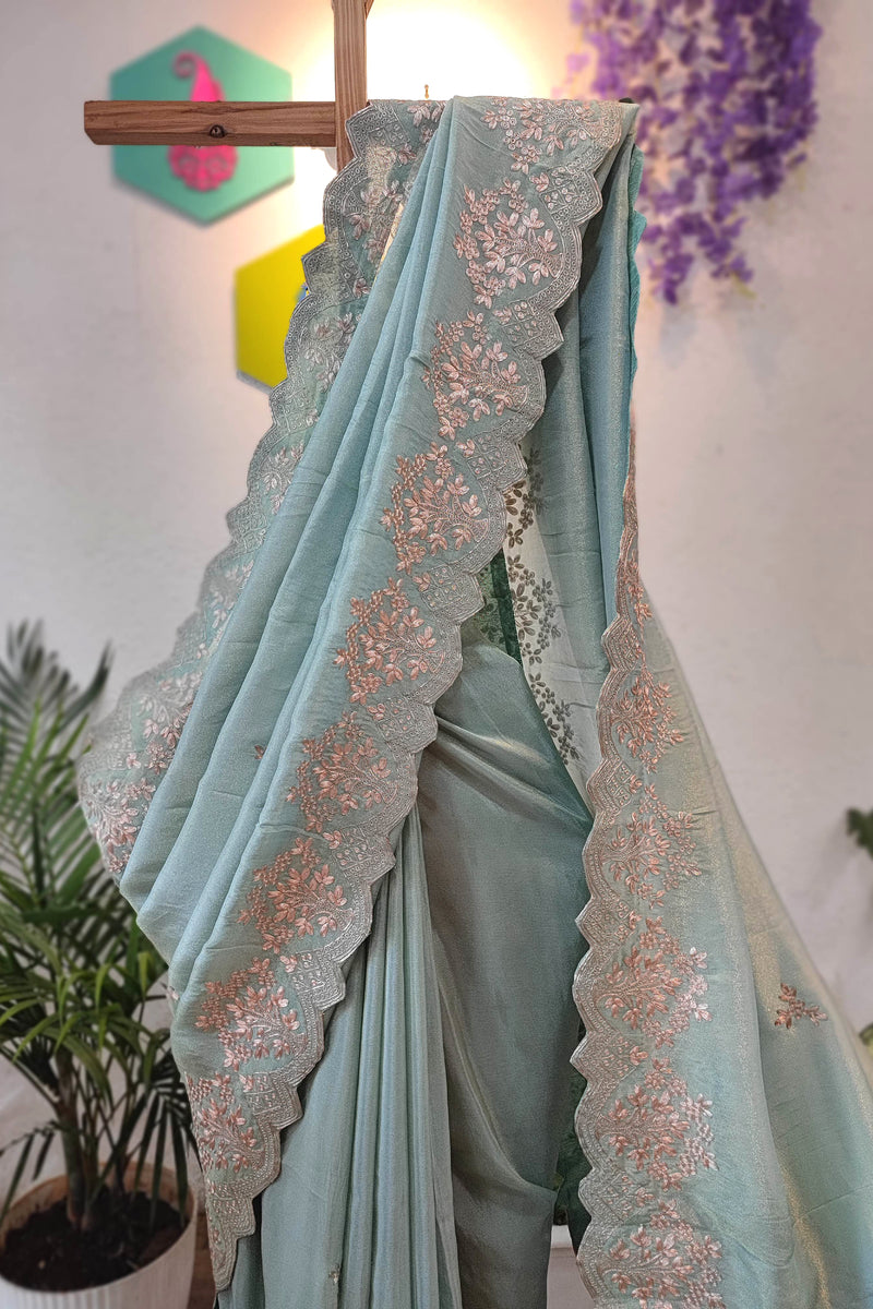 Pastel Green Crepe Silk Saree with Banarasi Weaving & Handwork Motifs