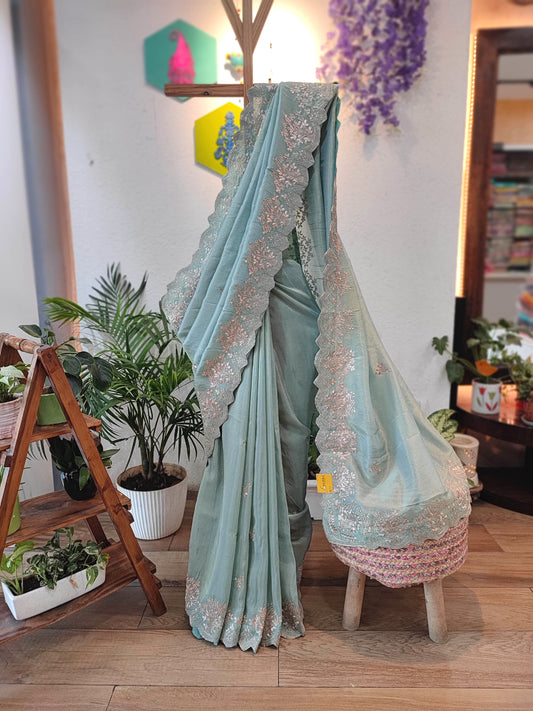 Pastel Green Crepe Silk Saree with Banarasi Weaving & Handwork Motifs
