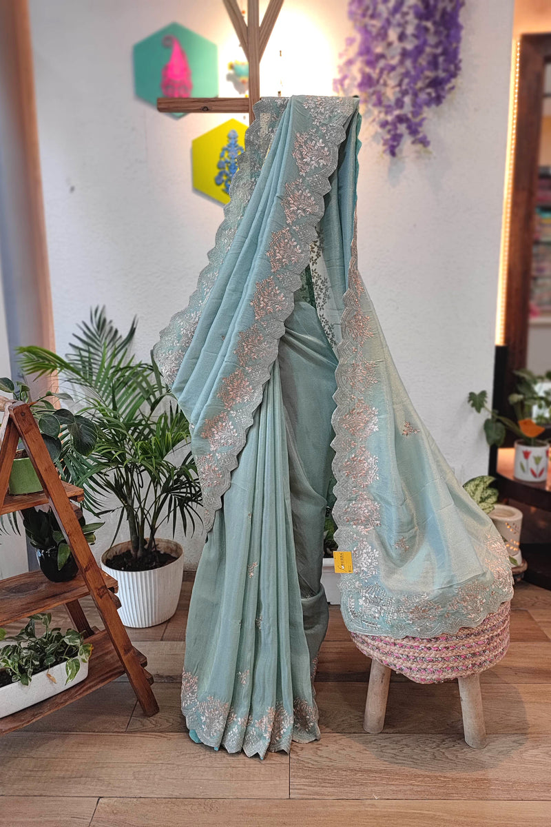 Pastel Green Crepe Silk Saree with Banarasi Weaving & Handwork Motifs