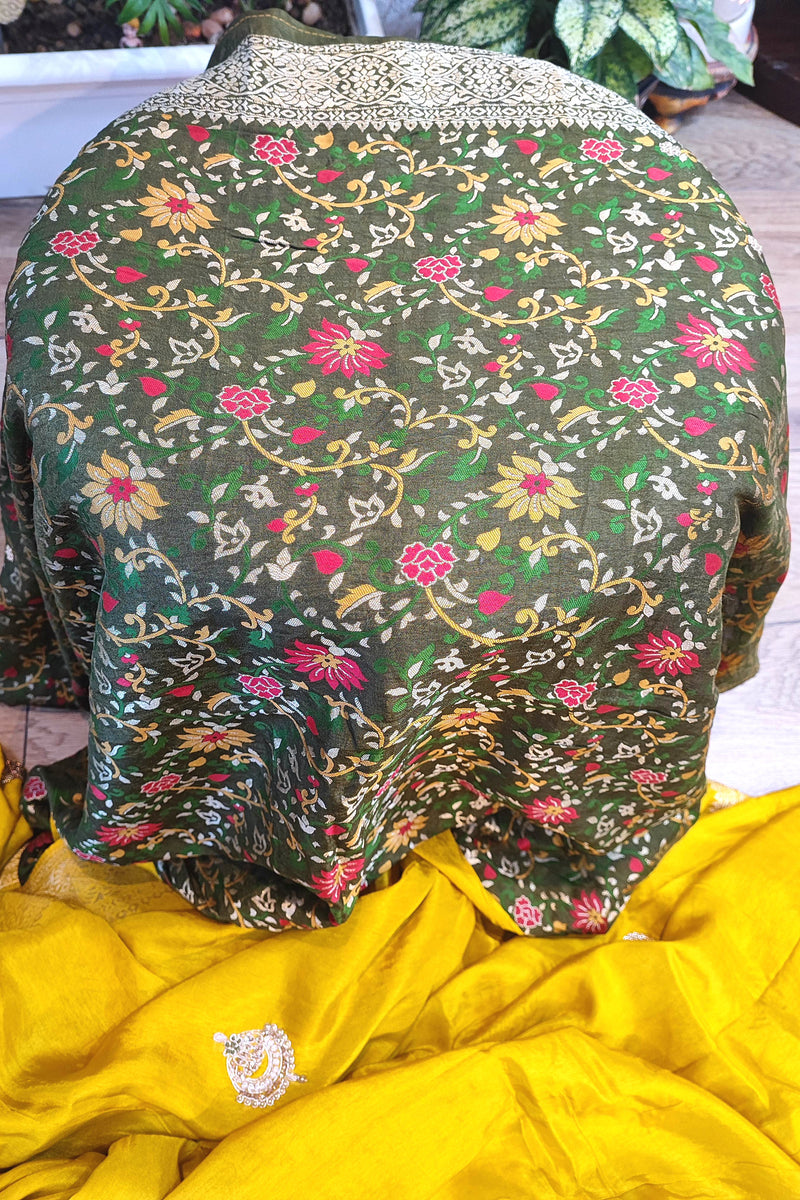 Buy Now Mustard Yellow Banarasi Shimmer Saree with Hand Embroidery Work