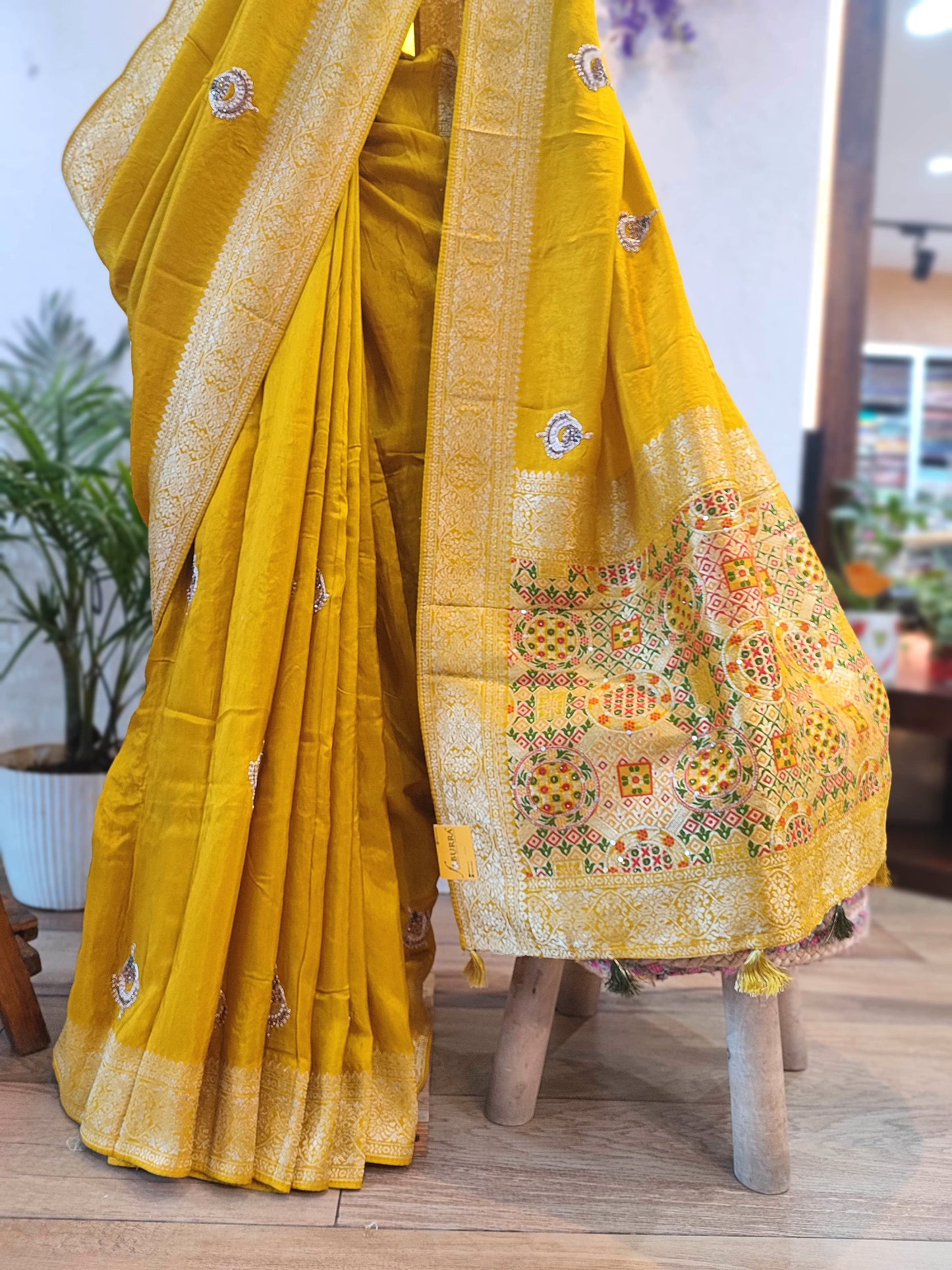Buy Now Mustard Yellow Banarasi Shimmer Saree with Hand Embroidery Work