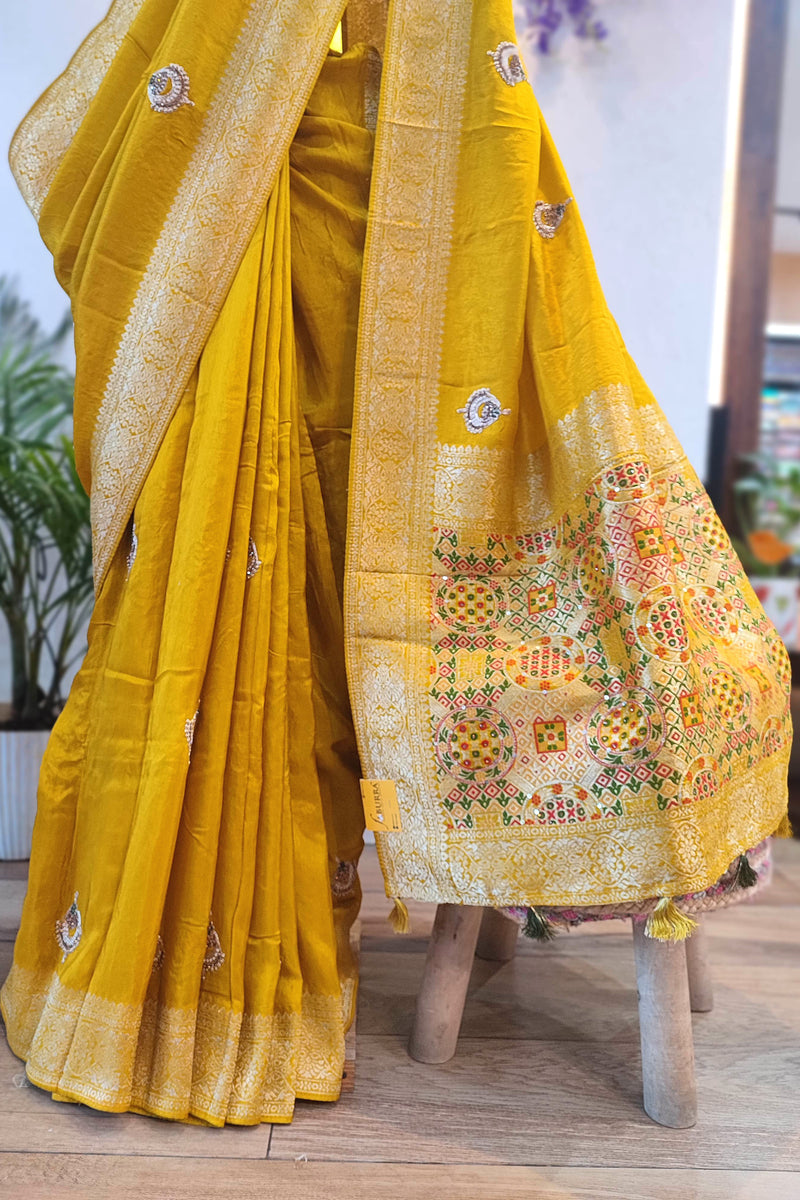 Buy Now Mustard Yellow Banarasi Shimmer Saree with Hand Embroidery Work