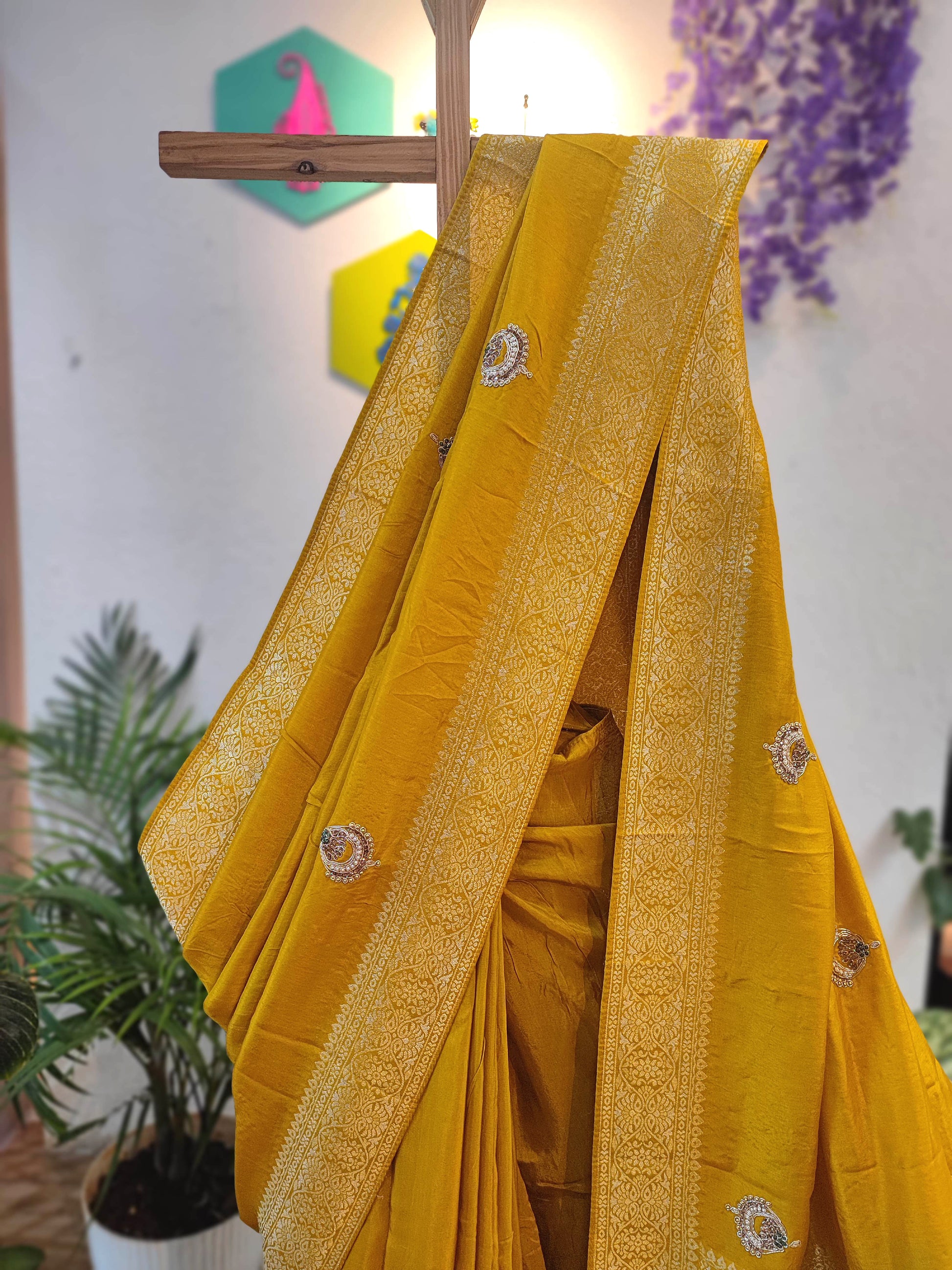 Buy Now Mustard Yellow Banarasi Shimmer Saree with Hand Embroidery Work