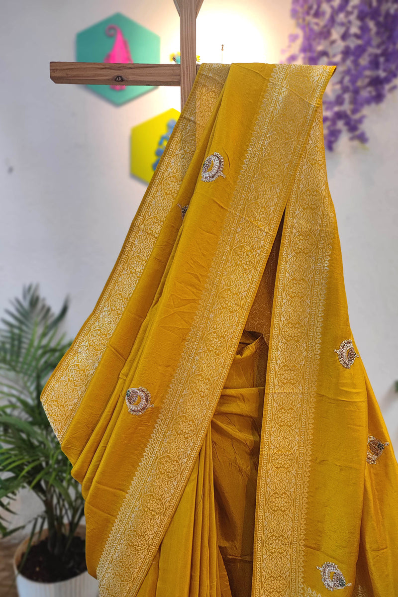 Buy Now Mustard Yellow Banarasi Shimmer Saree with Hand Embroidery Work