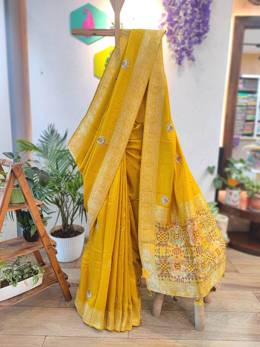 Buy Now Mustard Yellow Banarasi Shimmer Saree with Hand Embroidery Work