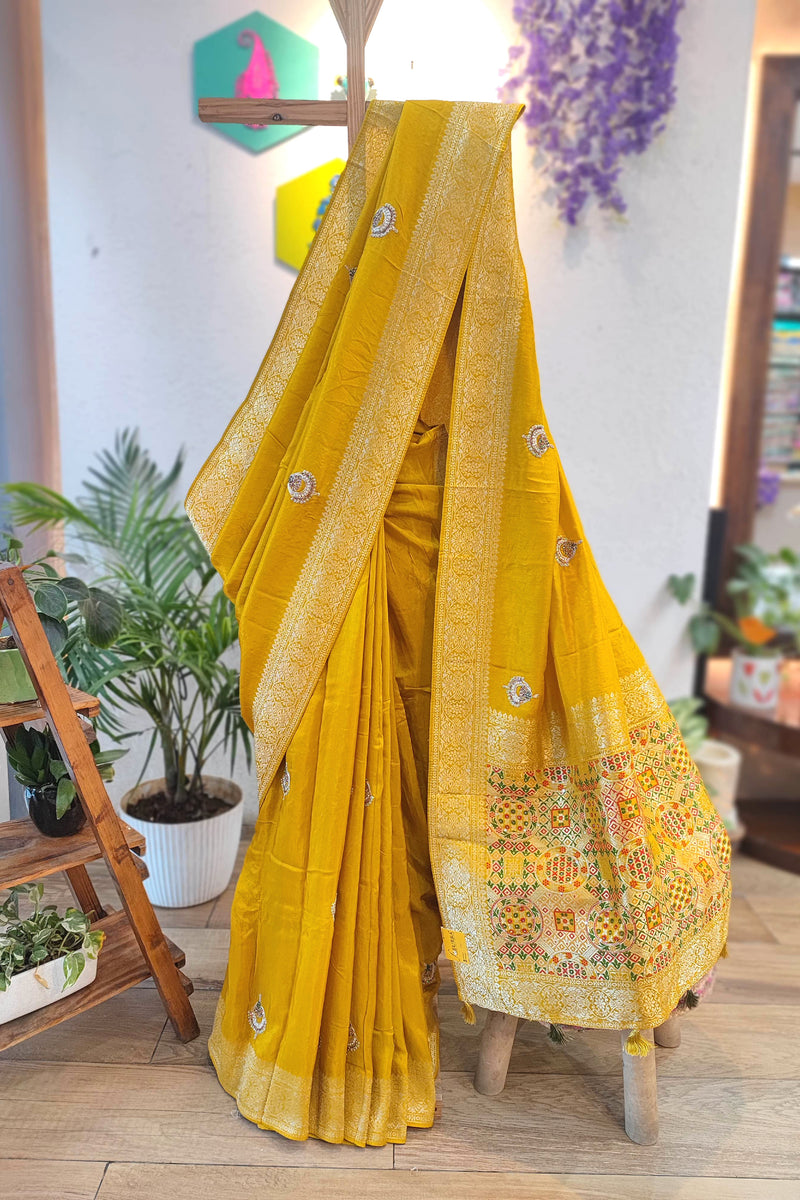 Buy Now Mustard Yellow Banarasi Shimmer Saree with Hand Embroidery Work